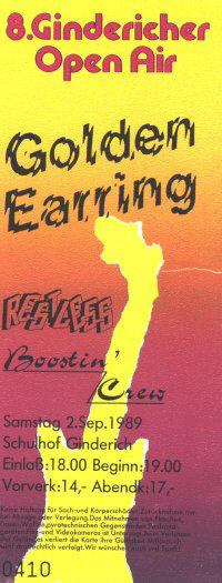 Golden Earring show ticket 8 Gindericher Open Air festival September 02, 1989 Ginderich - Schulhof (Germany)